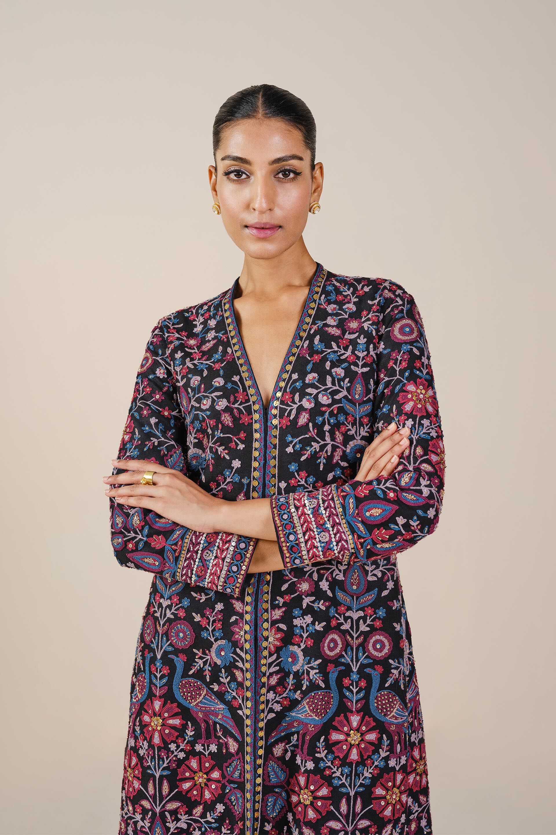 Starlit Serenade SEWA Hand-embroidered Silk Jacket Set - Black, Black, image 5